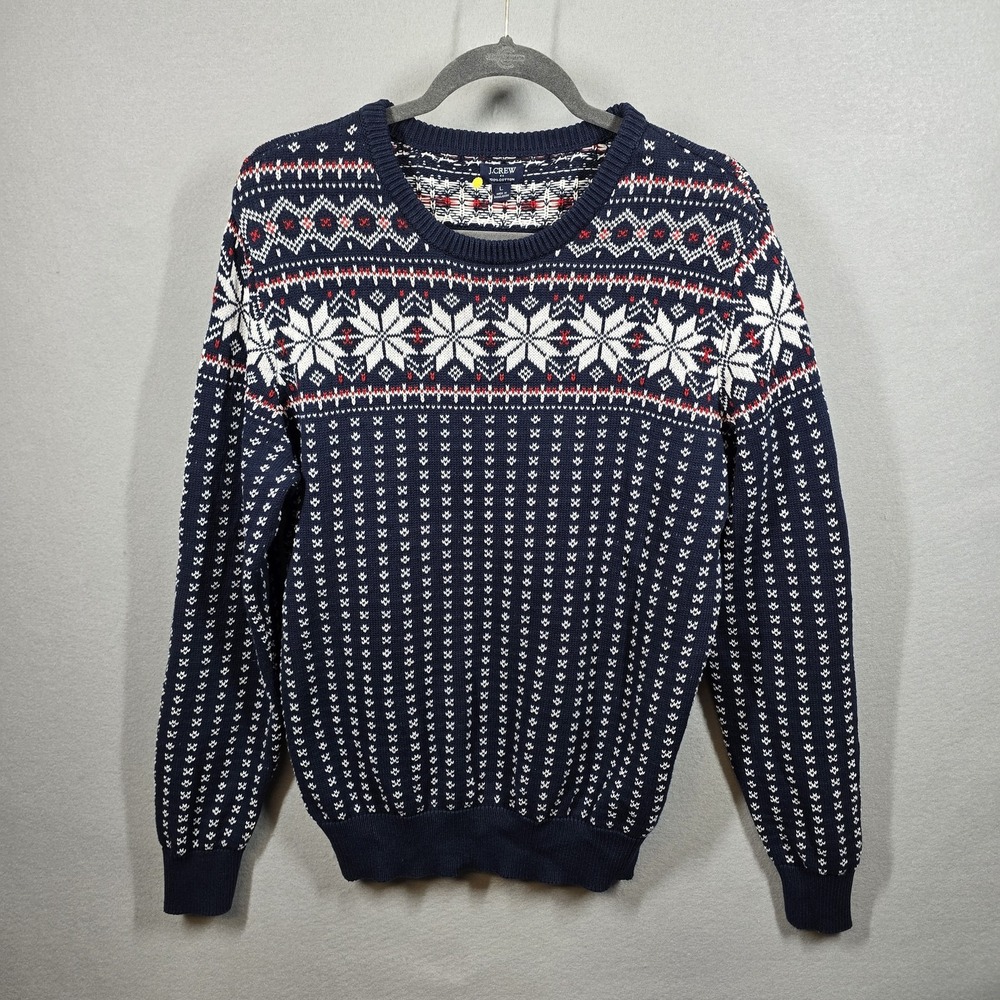 J‎ Crew Sweater Mens Large Navy White Fair Isle Snowflake Knit Pullover